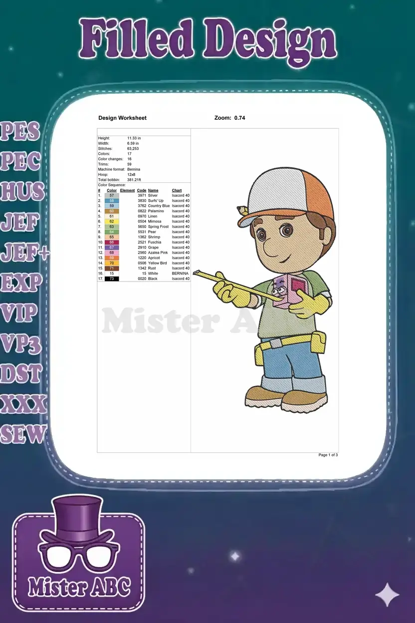 Embroidery design worksheet detailing dimensions, stitch count, color sequence, and thread types.