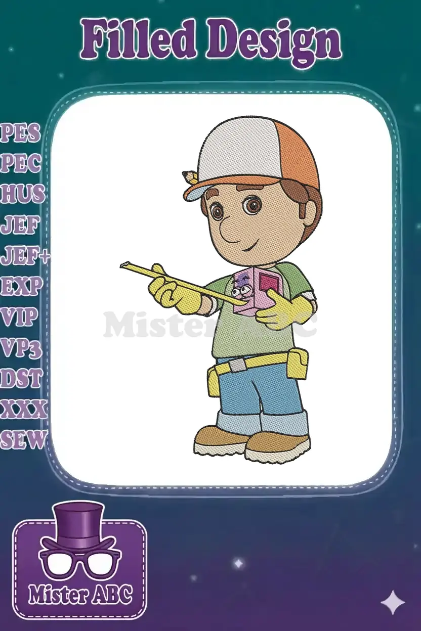 Cheerful Handy Manny embroidery design, holding a measuring tape with Pat the hammer peeking out.