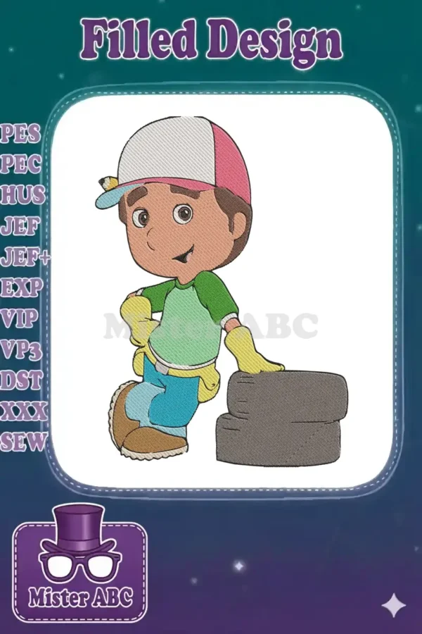 Handy Manny embroidery design, featuring the cheerful handyman in his iconic outfit, leaning on blocks.