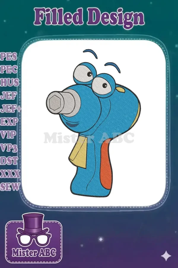 Vibrant embroidery design of Pat the Wrench from Handy Manny, featuring detailed satin and fill stitches.