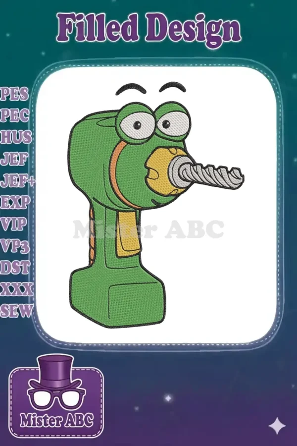A vibrant embroidery design featuring Rusty the drill, a cheerful green power tool character with big eyes, ready for any project.
