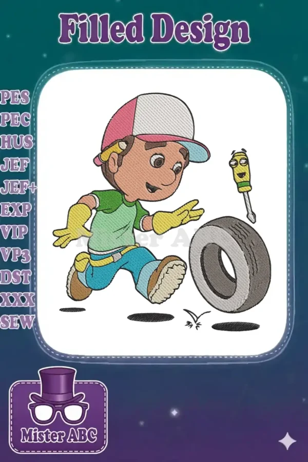 Lively Handy Manny embroidery design, featuring Manny running with a tire and a talking screwdriver.