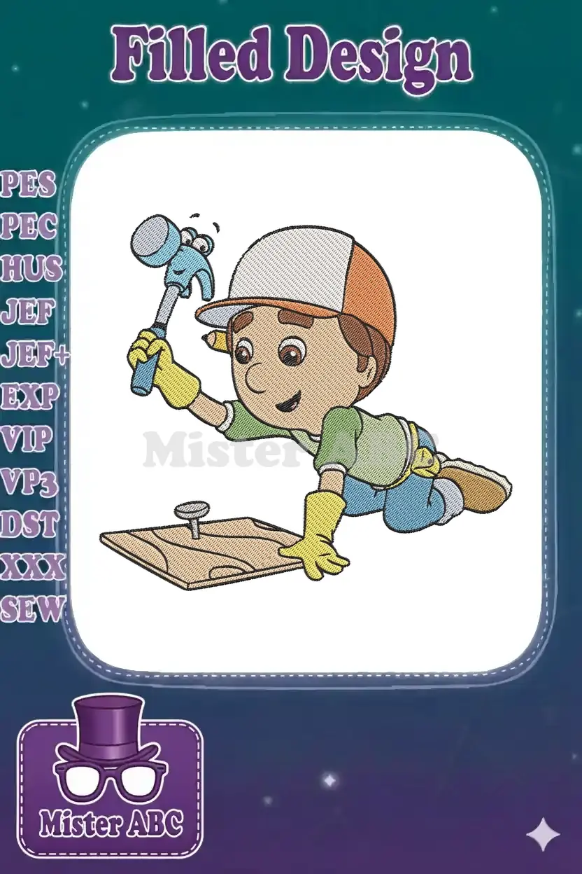 Handy Manny embroidery design featuring Manny with Pat the hammer, ready to hit a nail into a wooden board. Vibrant colors.