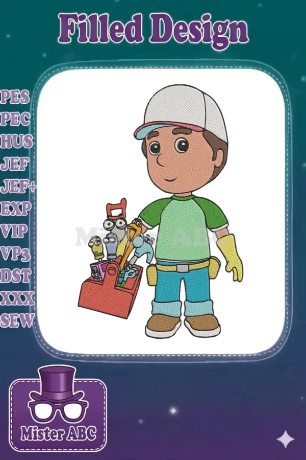Full-color embroidered design of Handy Manny with his toolbox and talking tools, ready for any repair job.