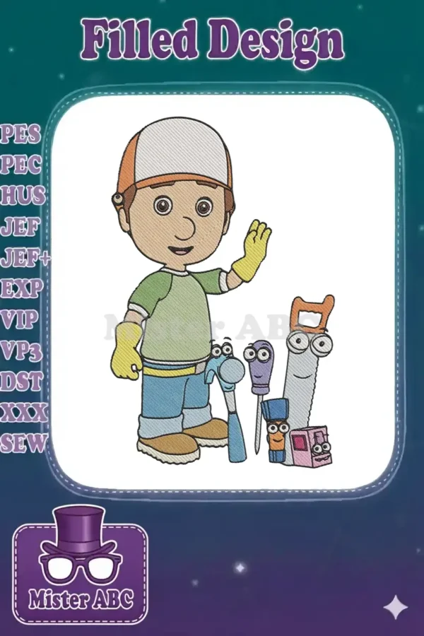 Handy Manny embroidery design featuring Manny waving with his talking tools: a hammer, wrench, saw, and screwdriver.