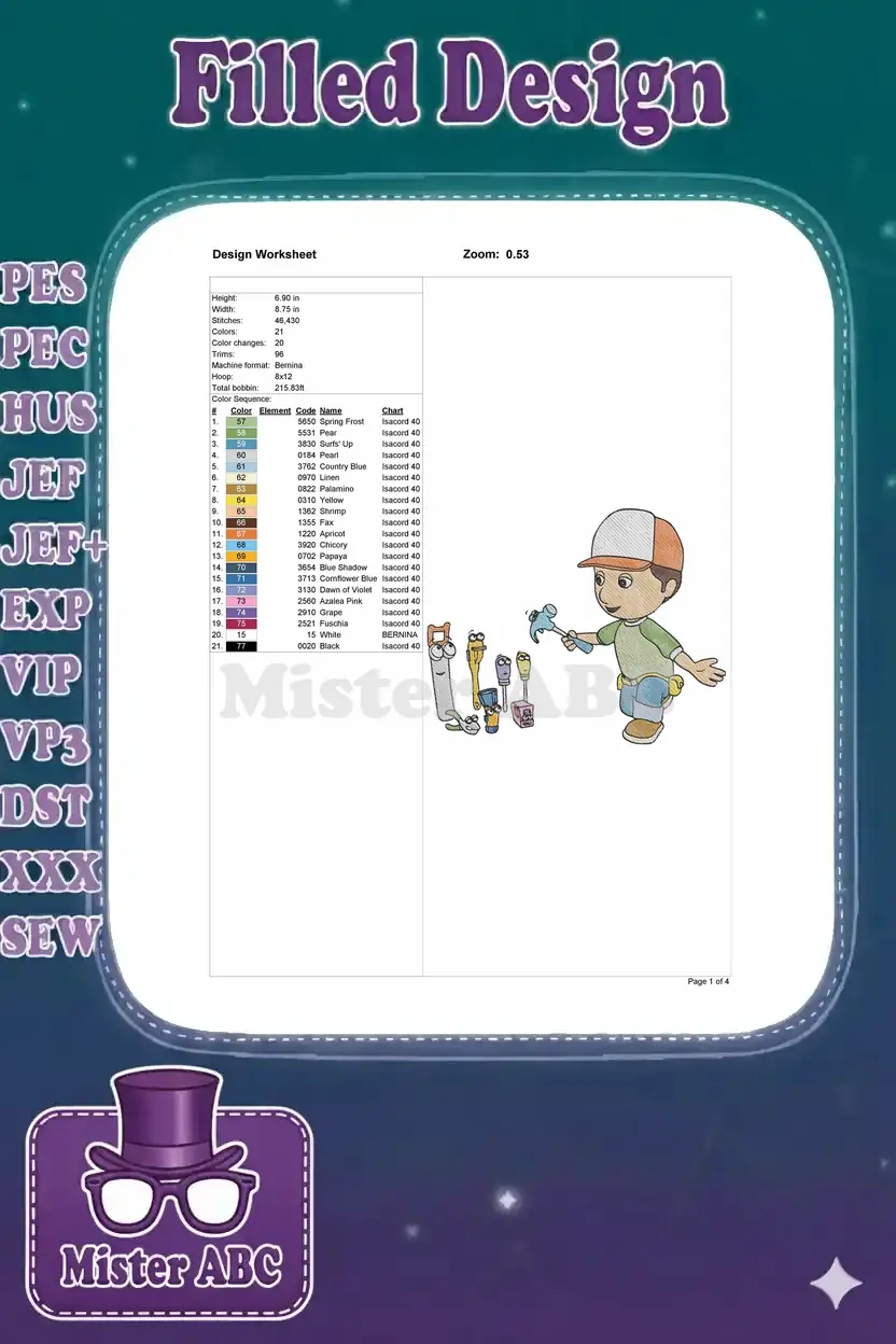 Embroidery design worksheet for Handy Manny, showing dimensions, stitch count, color sequence, and a design preview.