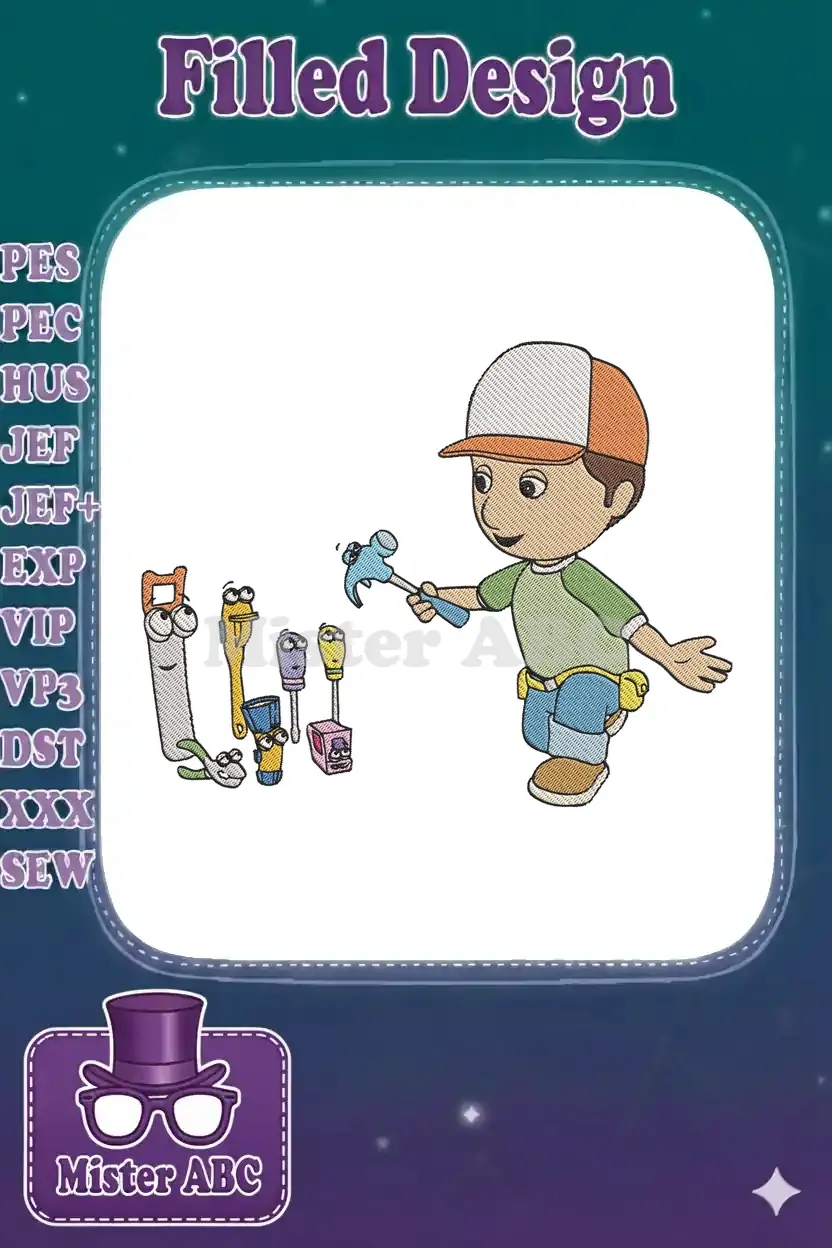 Handy Manny embroidery design, featuring Manny in his work clothes with a hammer and his talking tools.