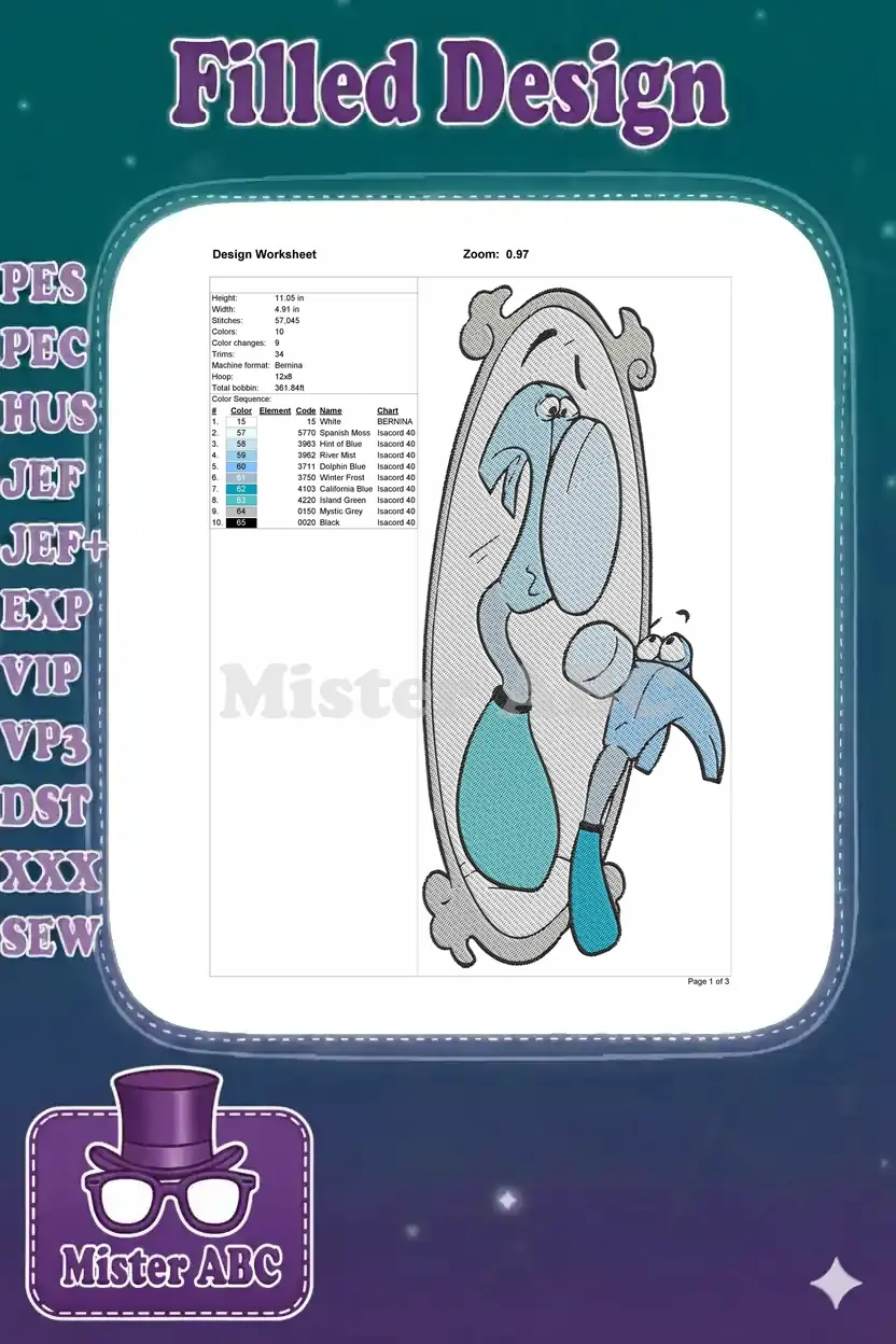 Embroidery design worksheet for the Hammer character, detailing dimensions, stitch count, colors, and thread types.