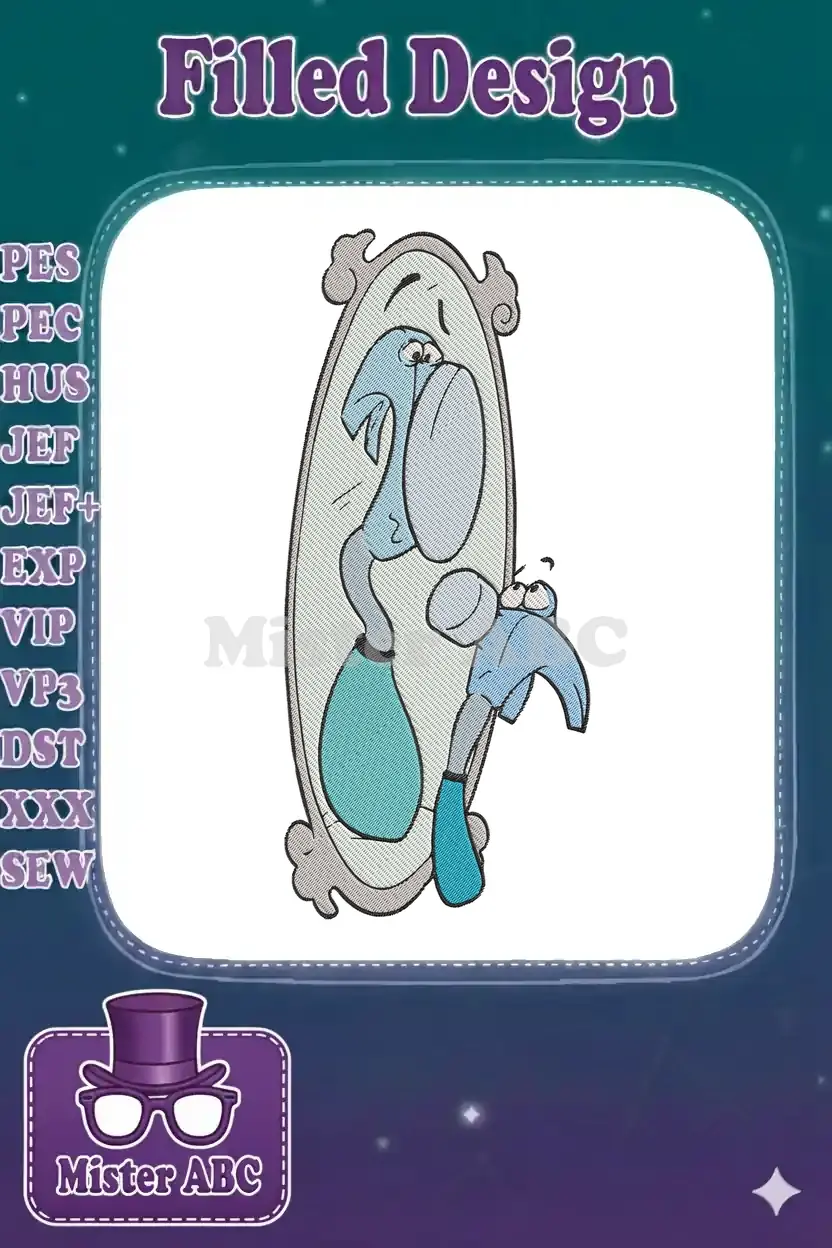 Embroidered Hammer character from Alice in Wonderland, comically looking at its reflection in an ornate mirror.