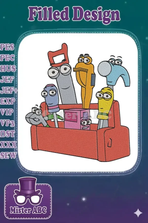 Vibrant embroidery design featuring Handy Manny's anthropomorphic tools in a red toolbox, ready for action.