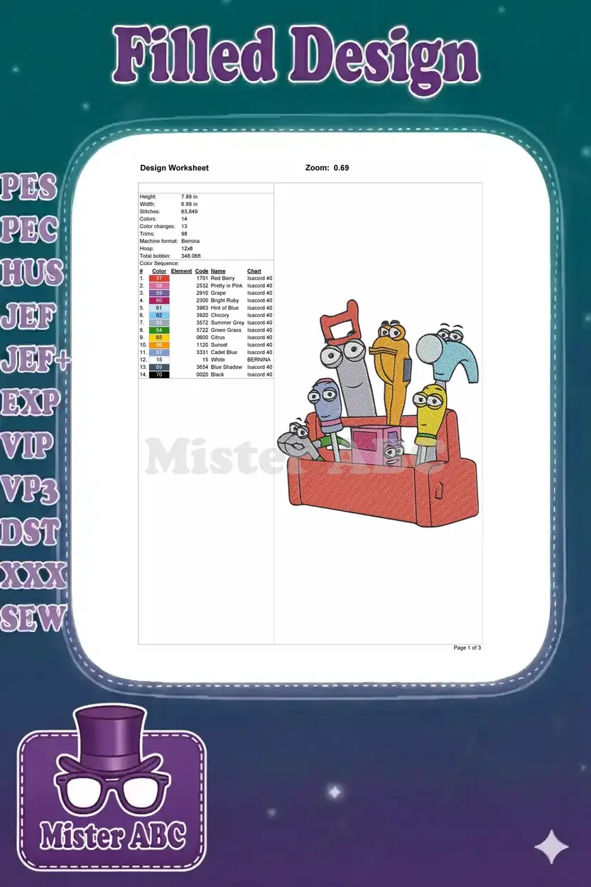 Embroidery design worksheet detailing dimensions, stitch count, color sequence, and machine info.