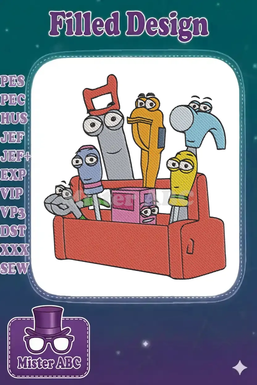 Vibrant embroidery design featuring Handy Manny's anthropomorphic tools in a red toolbox, ready for action.