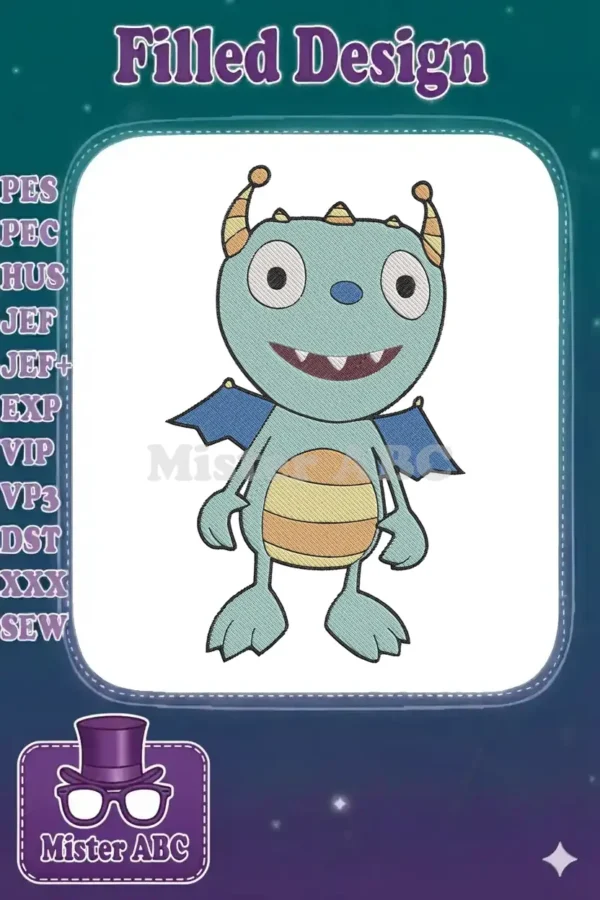 A cheerful, light blue cartoon monster embroidery design with orange, yellow, and blue accents, showcasing detailed stitching.