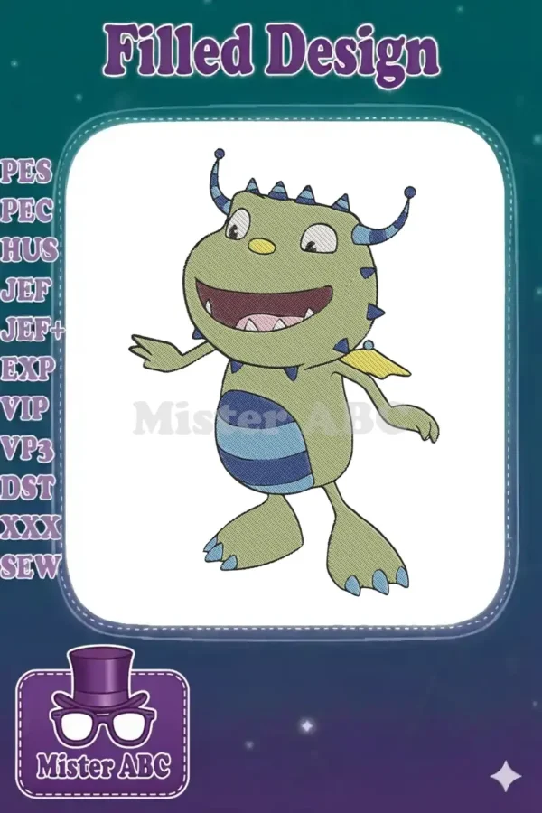 Vibrant embroidery design featuring a cheerful green monster with blue striped belly, horns, and spikes, ready to personalize items.