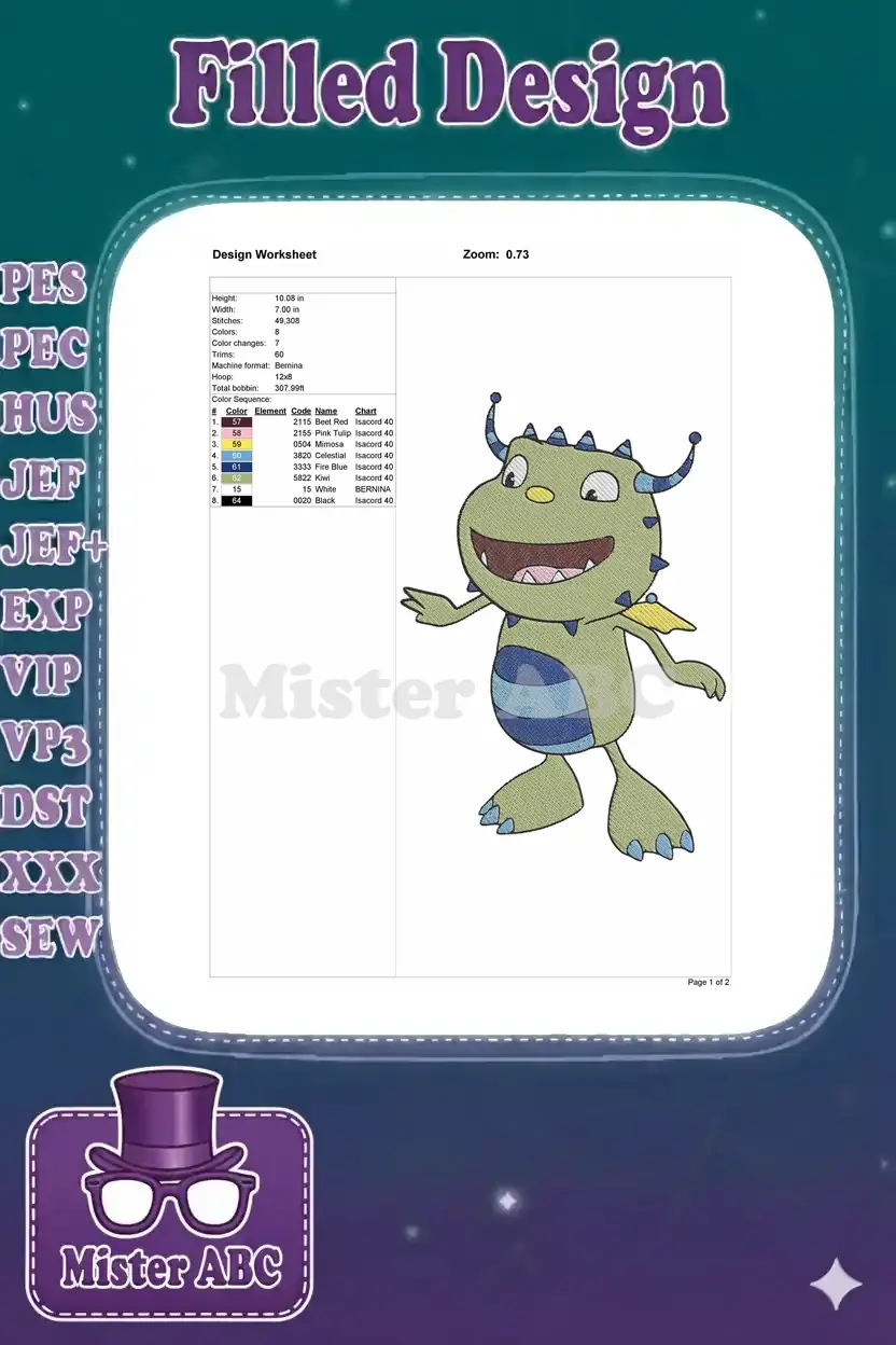 Detailed embroidery design worksheet for the green monster, showing dimensions, stitch count, color sequence, and thread codes.