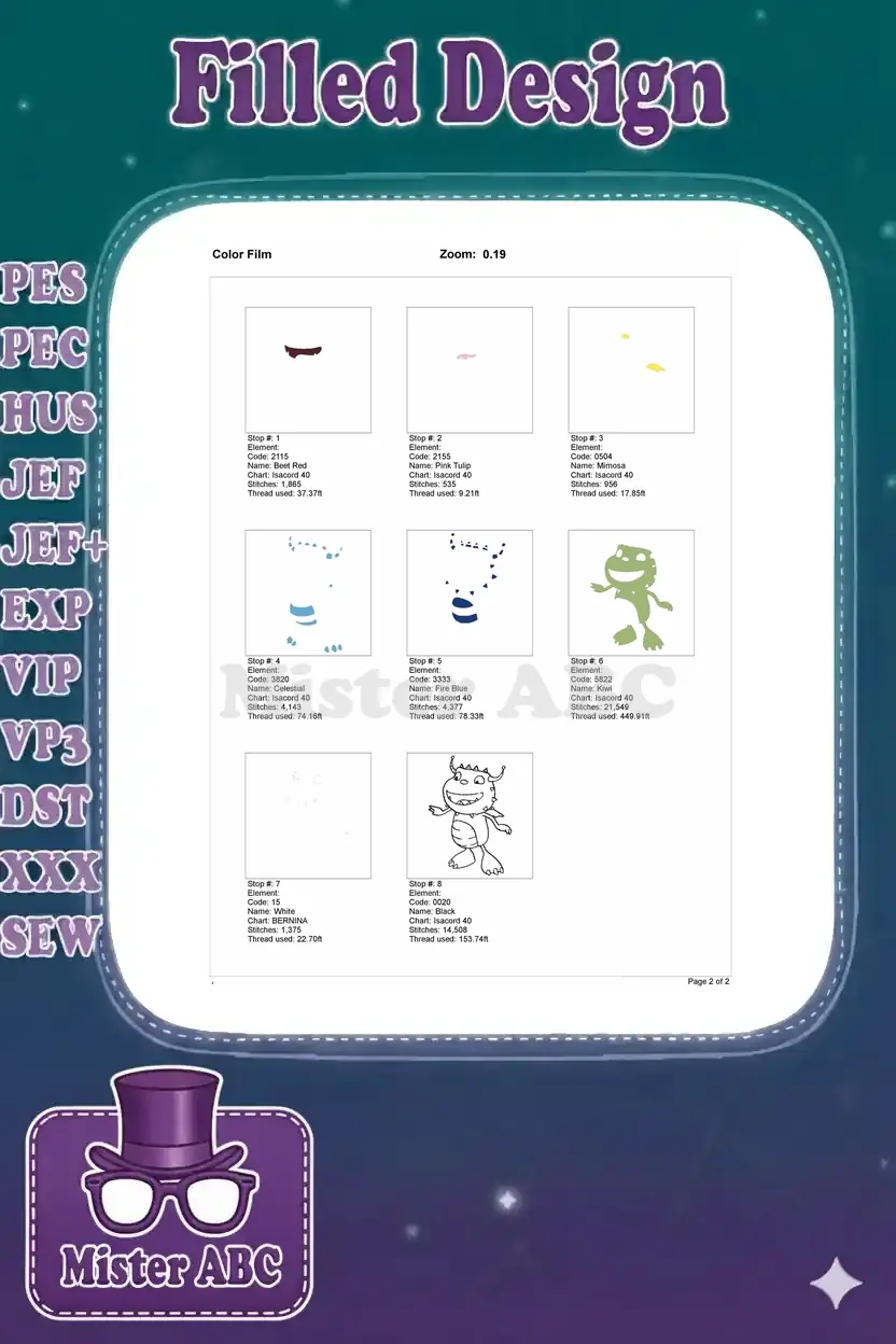 Color film breakdown for the green monster embroidery, illustrating the stitch order and thread usage for each color element.
