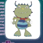 Cute green monster with striped horns and bow embroidery designs - Instant Download