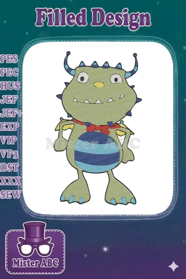 Full-body embroidery of a whimsical green monster with blue stripes, red bow, and spiky details, ready to stitch.
