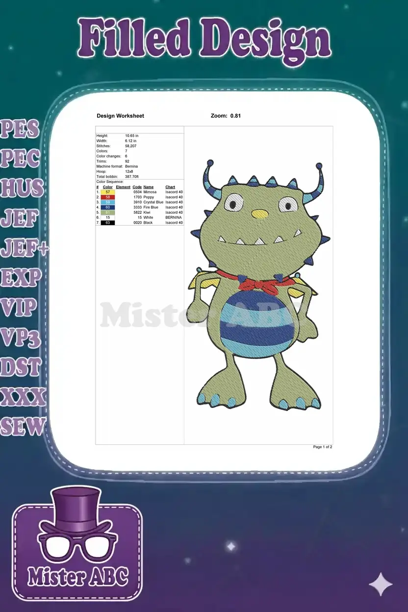 Embroidery design worksheet detailing the green monster, showing dimensions, stitch count, colors, and machine info.