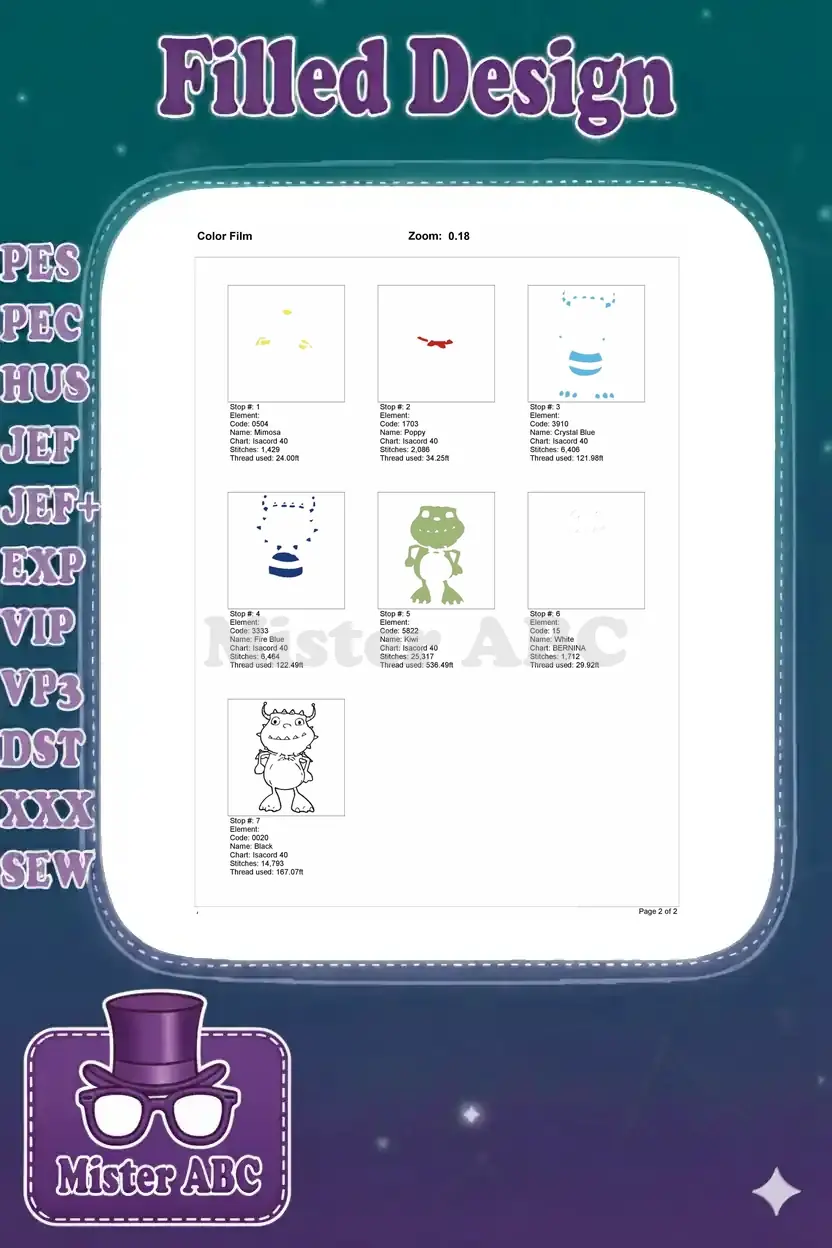 Color film breakdown of the green monster embroidery, illustrating each color stop and stitch sequence for production.