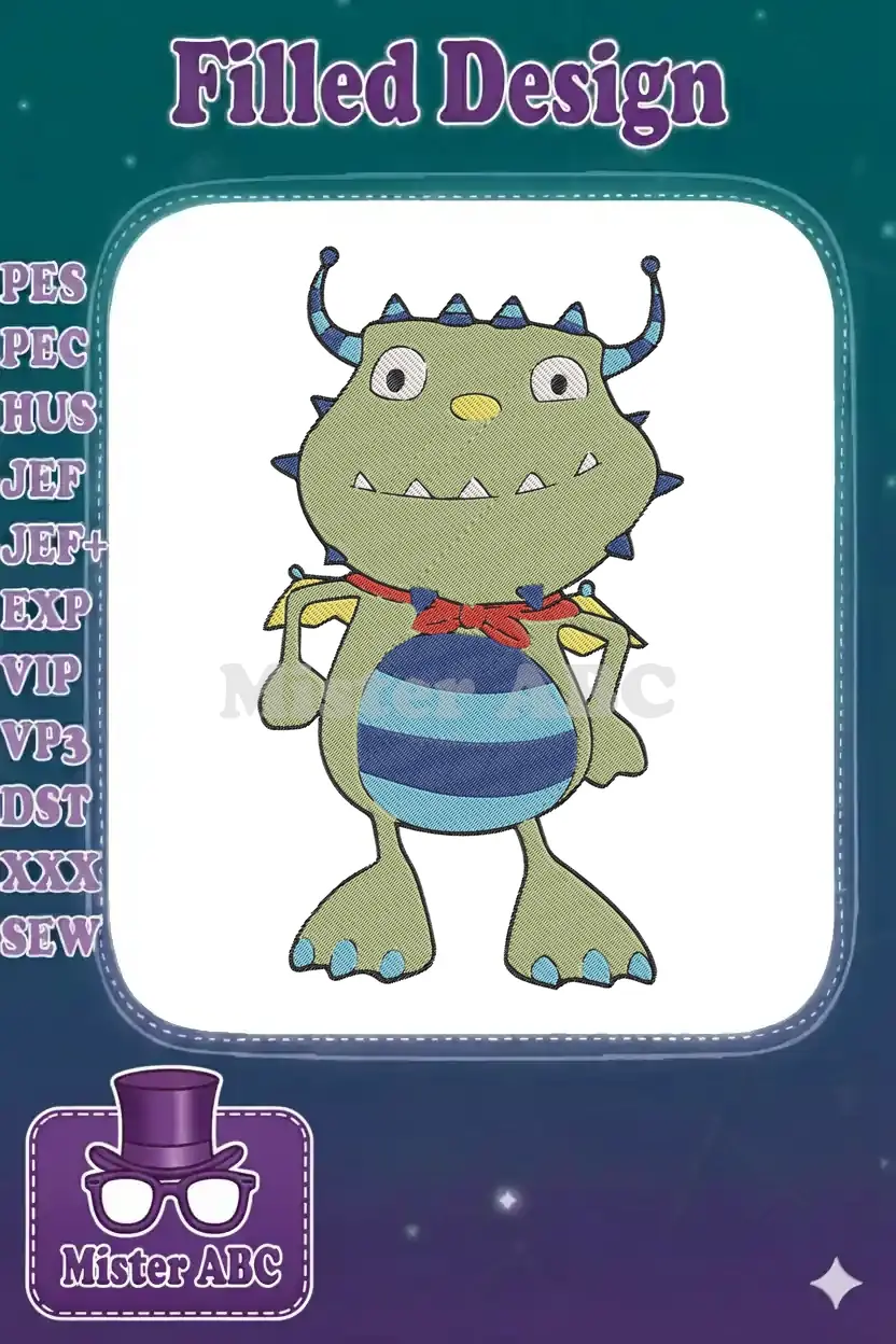 Full-body embroidery of a whimsical green monster with blue stripes, red bow, and spiky details, ready to stitch.