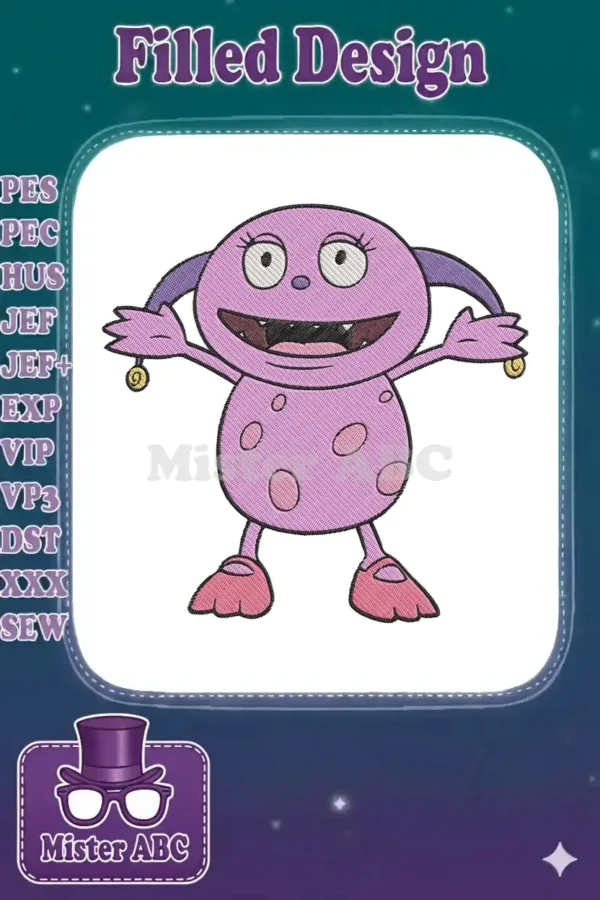 A cheerful purple monster embroidery design, Oona from Wallykazam, with a wide smile and jester-like ears.