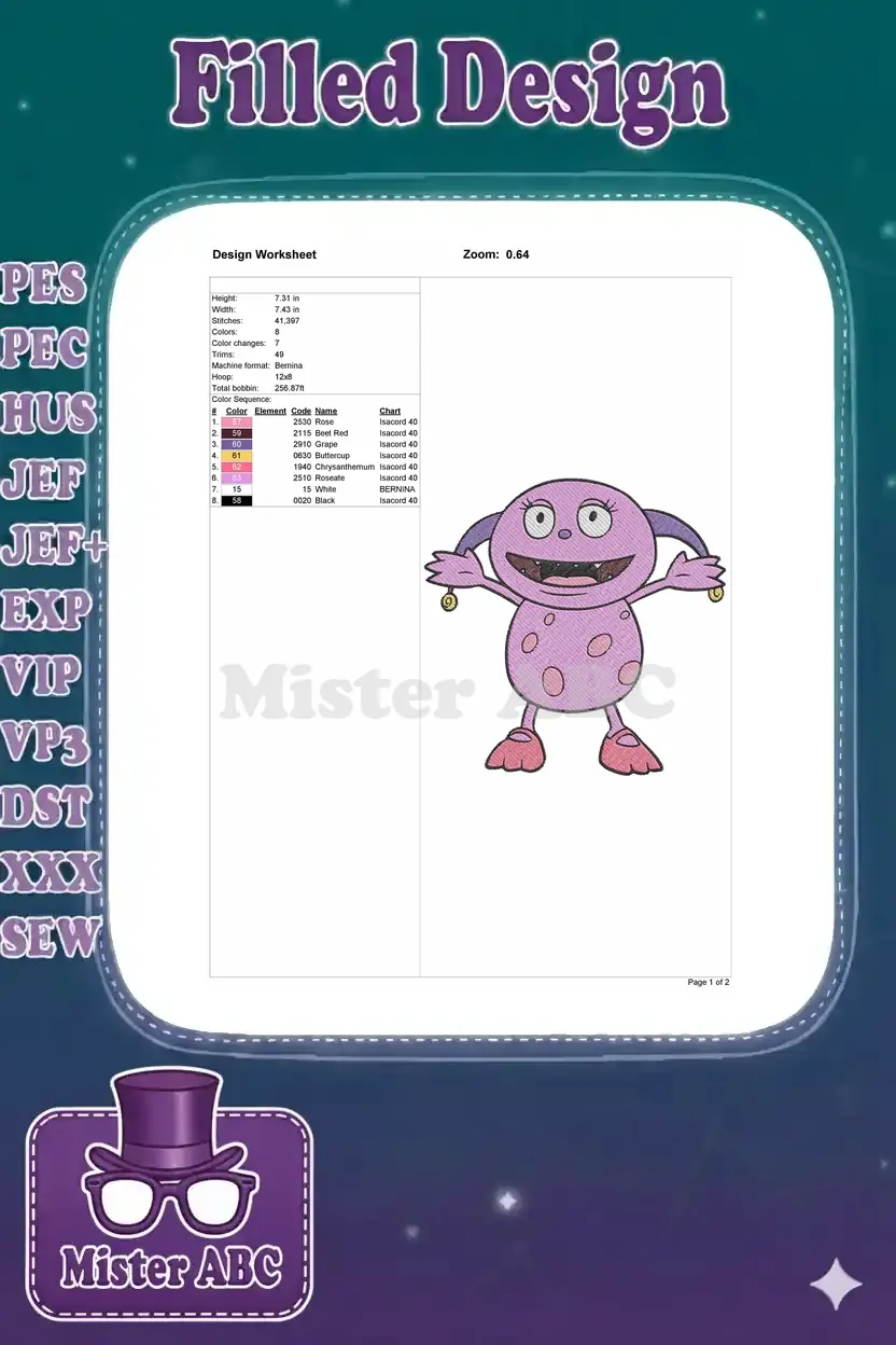 Embroidery design worksheet for Oona, detailing dimensions, stitch count, color sequence, and machine formats.
