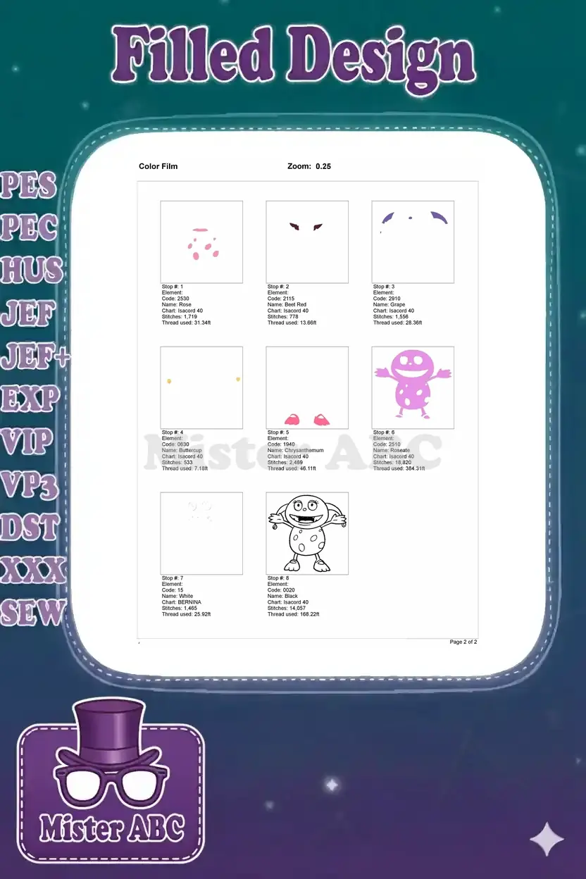 Color film breakdown illustrating the stitch sequence for the Oona embroidery design, step-by-step.