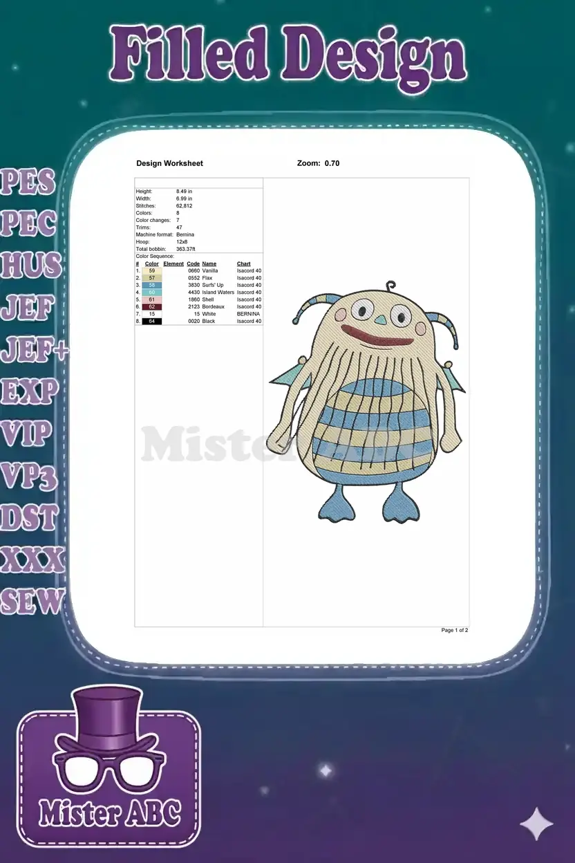 Embroidery design worksheet detailing height, width, stitch count, colors, and machine format for the monster.