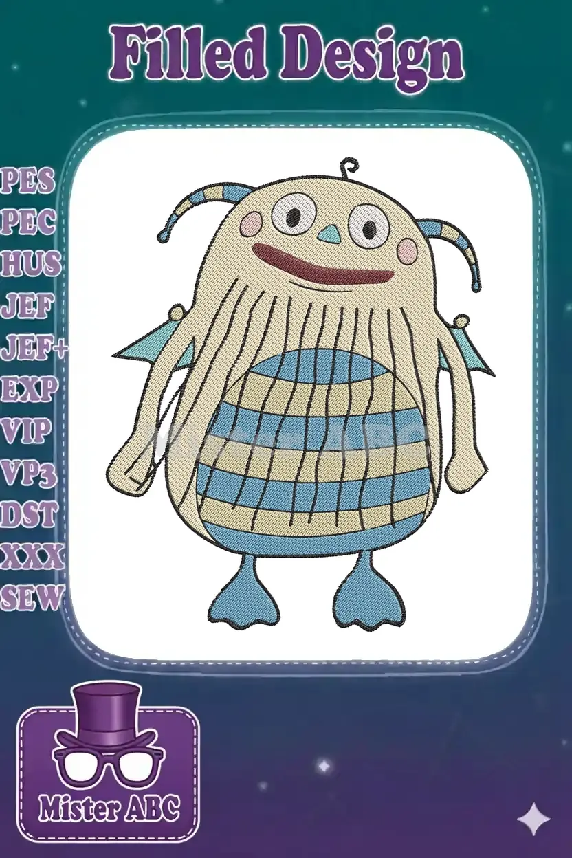 A delightful embroidery design of a friendly, beige and blue monster with a striped belly and big smile.