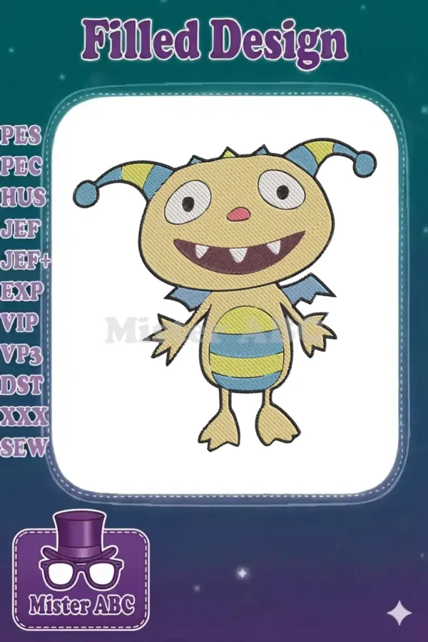 Vibrant yellow monster embroidery design featuring blue & lime green stripes, big eyes, and a cheerful, toothy smile, perfect for playful projects.