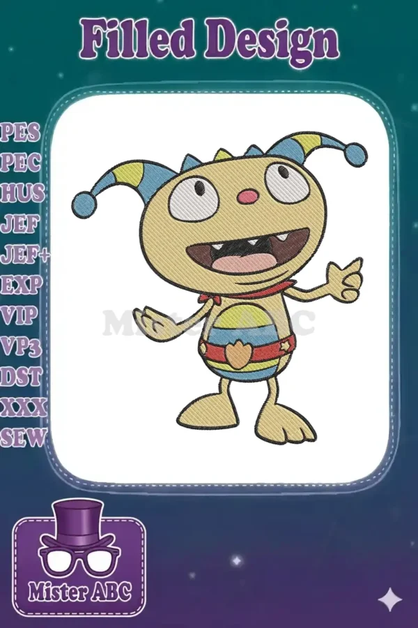 A cheerful Wubbzy embroidery design, featuring his signature yellow body, striped ears, and a big, happy smile, ready to brighten any fabric.