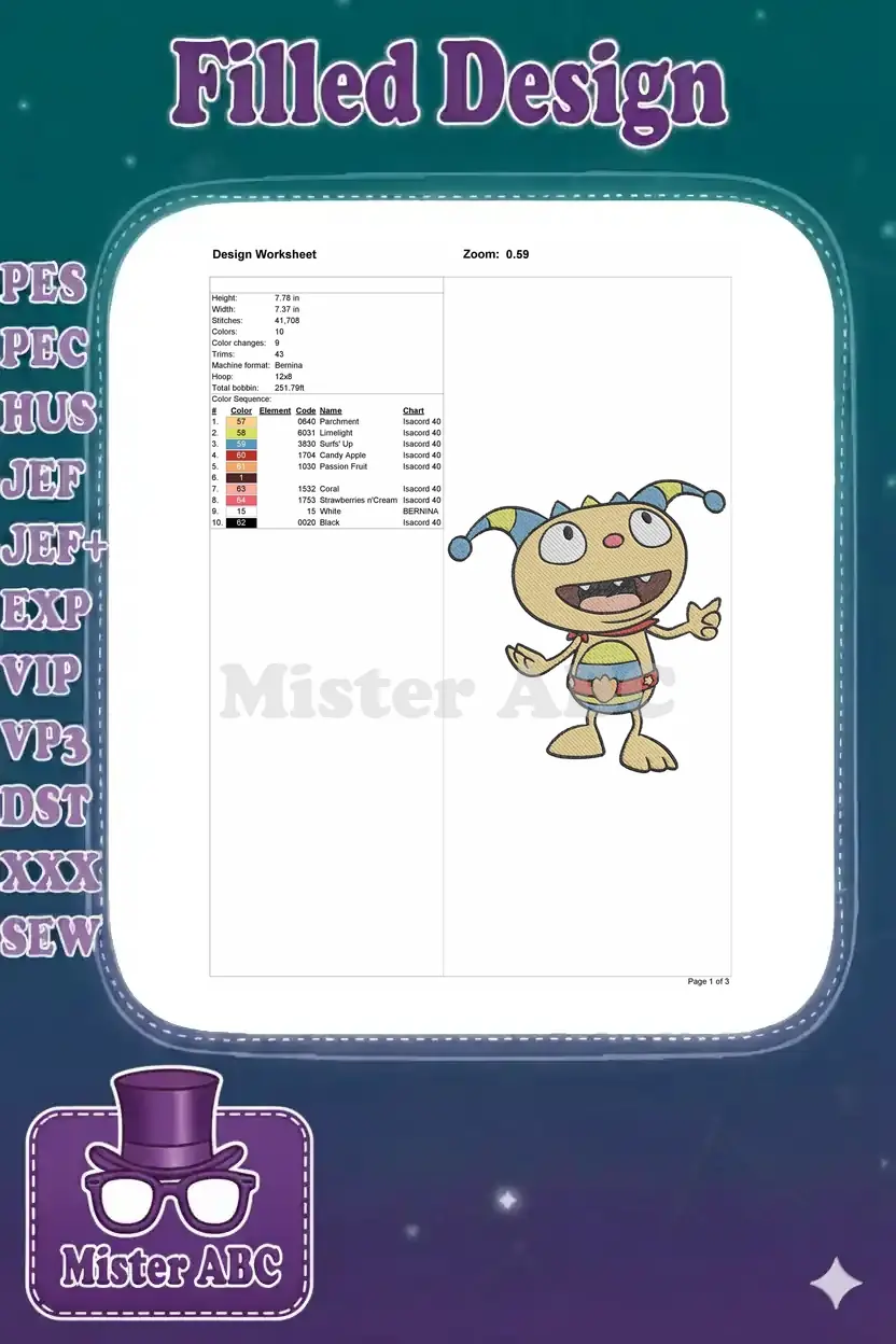 Detailed embroidery design worksheet for Wubbzy, showing dimensions, stitch count, color sequence, and machine compatibility.