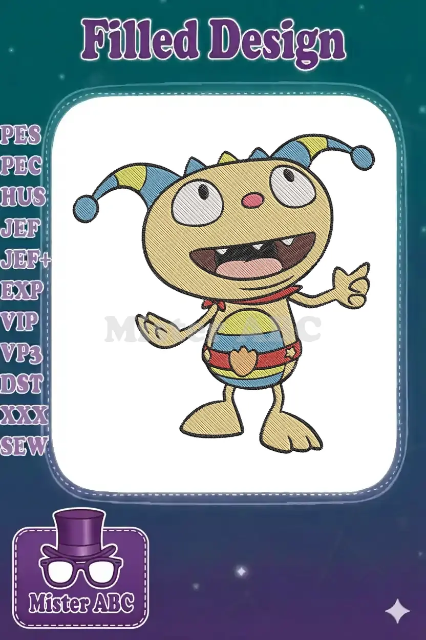 A cheerful Wubbzy embroidery design, featuring his signature yellow body, striped ears, and a big, happy smile, ready to brighten any fabric.