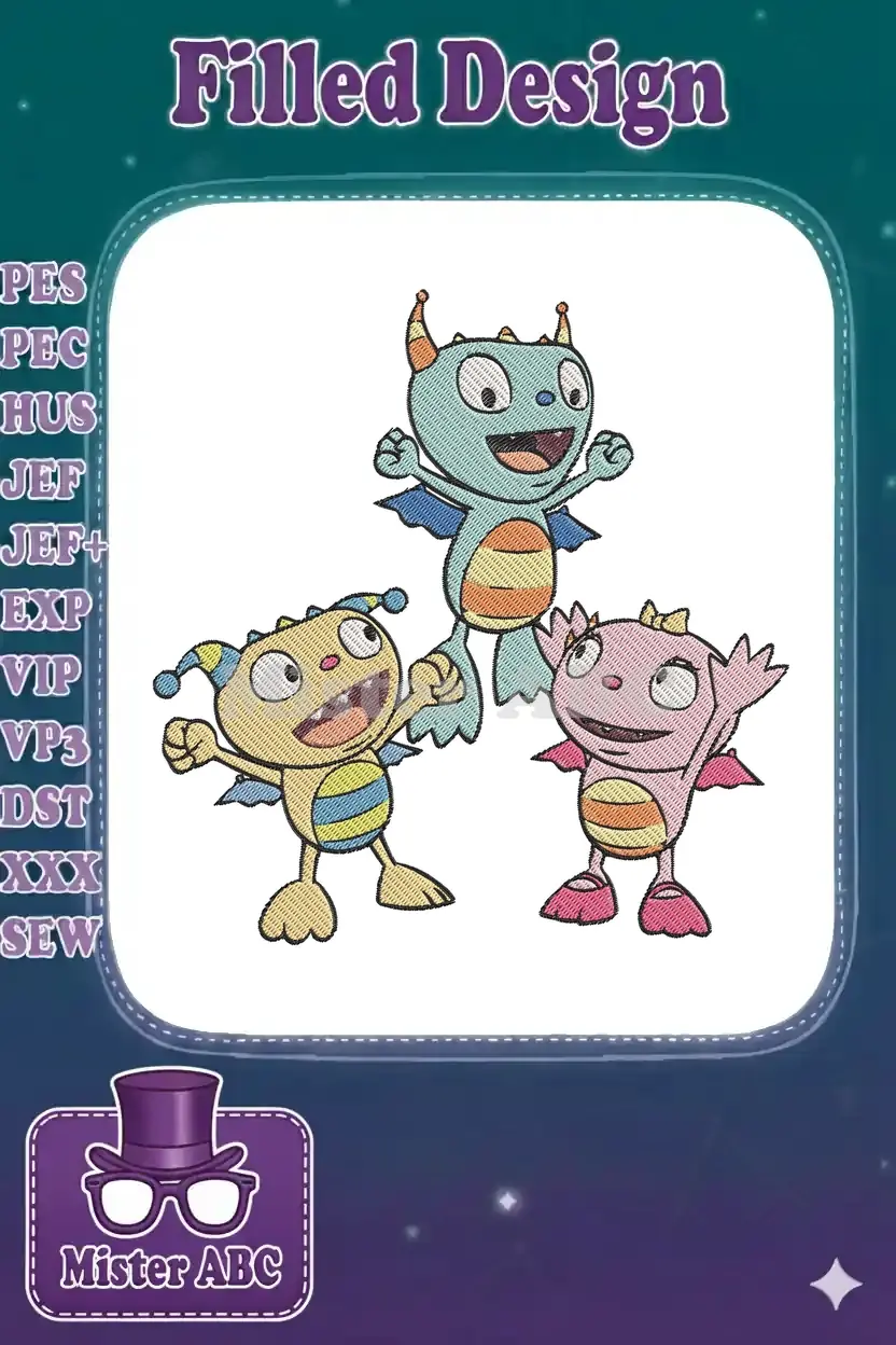 Three cheerful Hugglemonster characters, Henry, Cobby, and Summer, in a vibrant machine embroidery design.