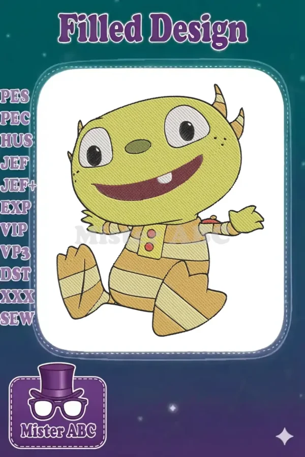 A vibrant, cheerful green monster character embroidery design with a wide smile and striped body, perfect for children's items.