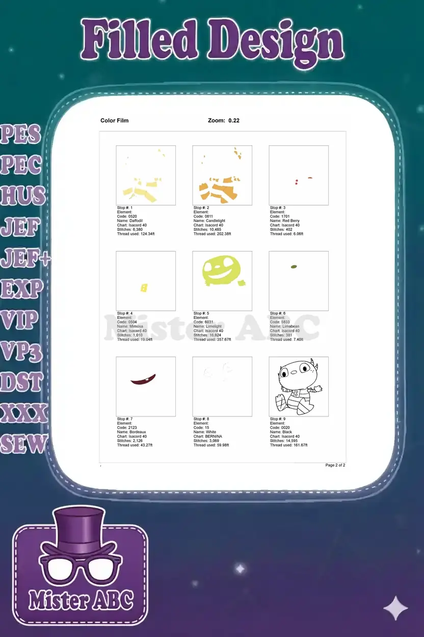 Embroidery color film showing the step-by-step stitching process and individual thread elements.