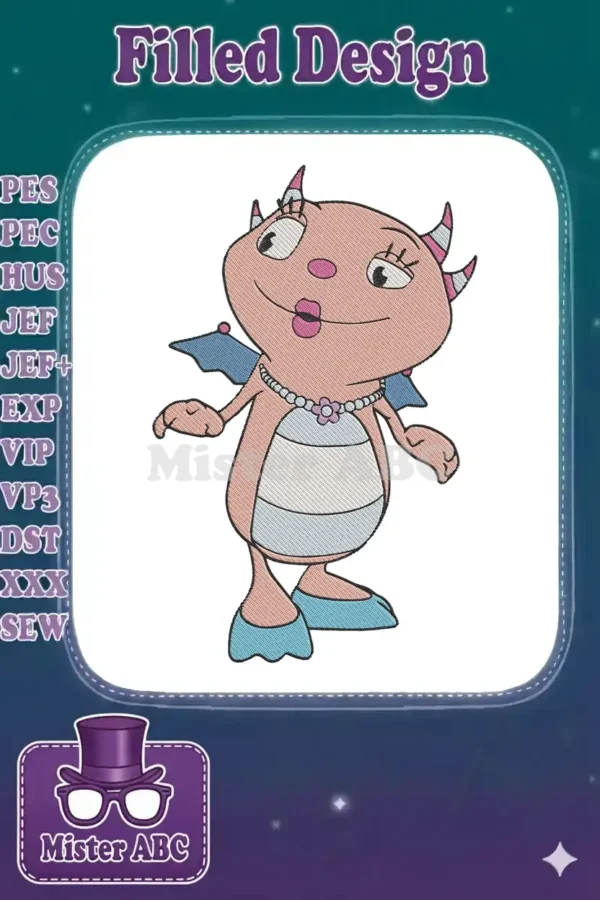 Full-body embroidery design of Daizy from Wow! Wow! Wubbzy! as a pink monster with wings, pearls, and blue shoes, on white background.