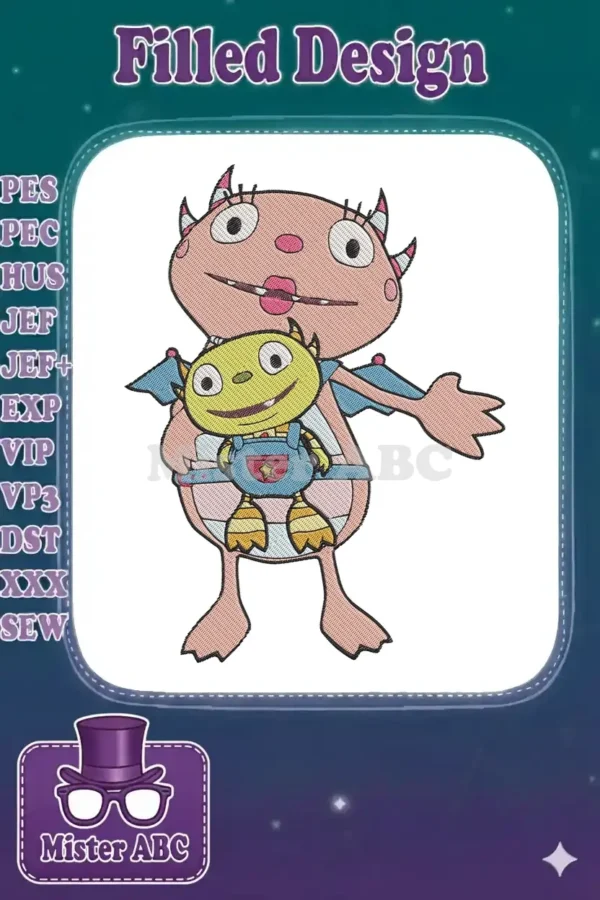 Detailed embroidery of Hunky Dory holding Humphrey from Henry Hugglemonster, showcasing vibrant colors and texture.