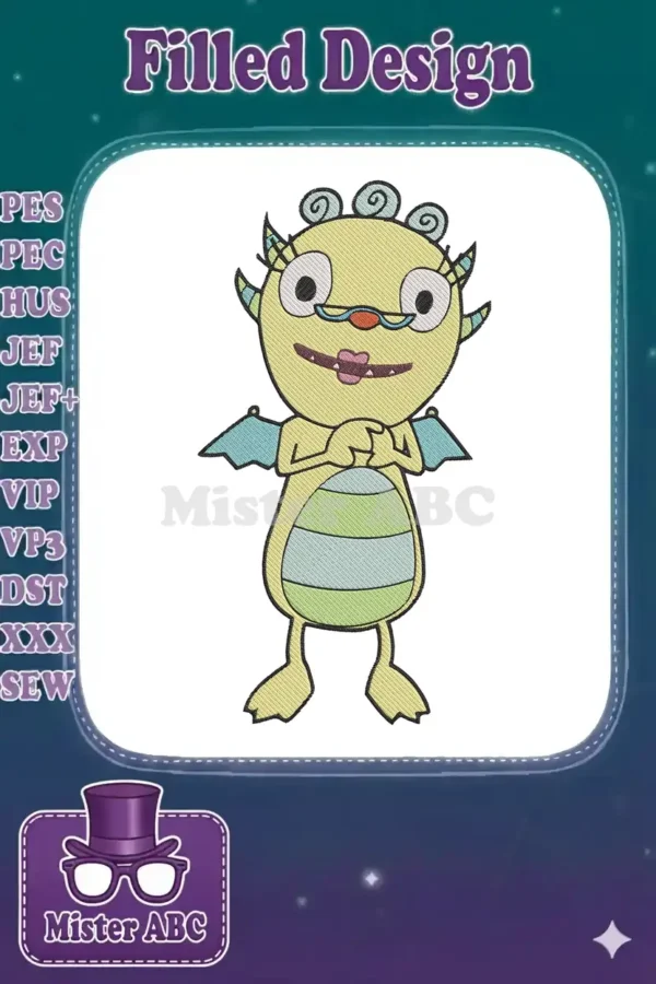 A vibrant embroidery design featuring Widget from Wow! Wow! Wubbzy!, showcasing her cheerful expression and iconic details.