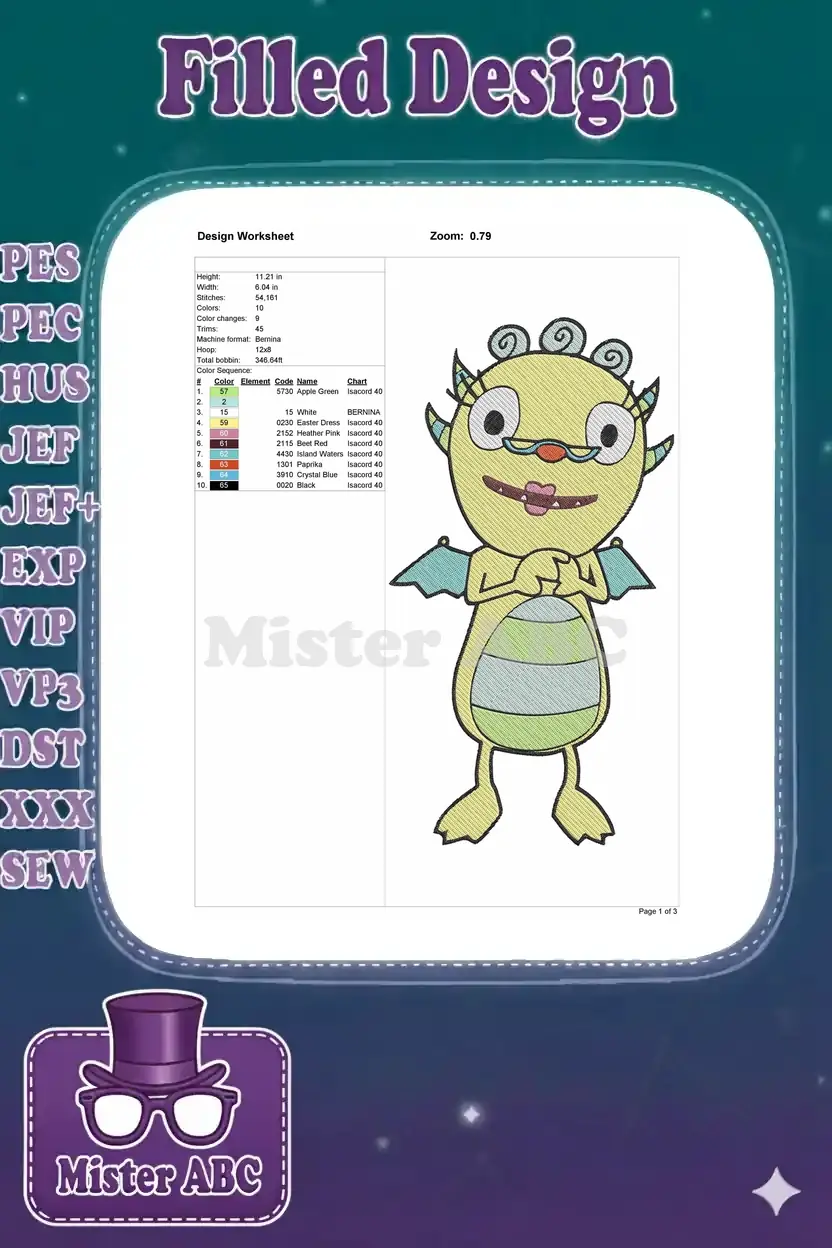 A comprehensive embroidery design worksheet displaying Widget's dimensions, stitch count, color sequence, and thread details.