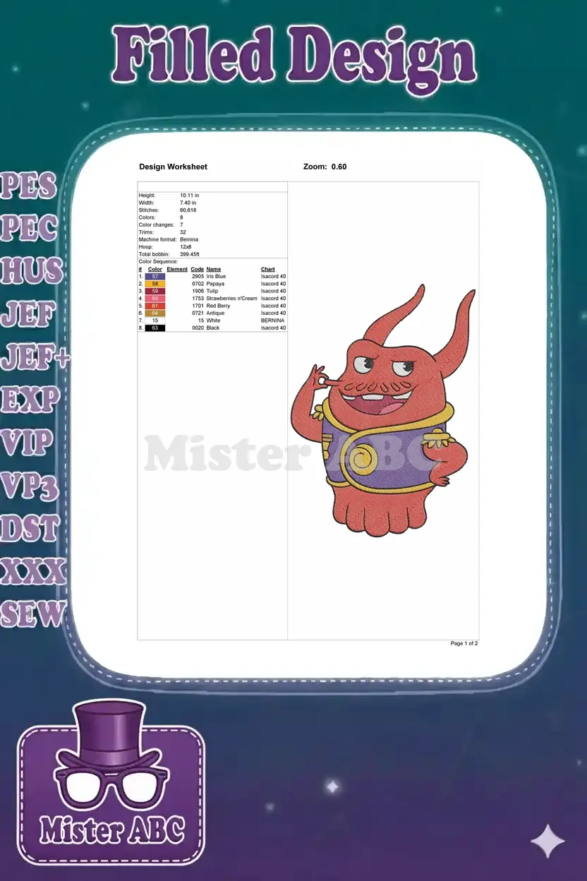 Embroidery design worksheet detailing dimensions, stitch count, color sequence, machine format, and thread chart.