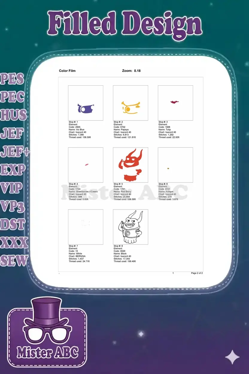 Color film breakdown of the embroidery design, showing individual color stops and stitching order for clarity.