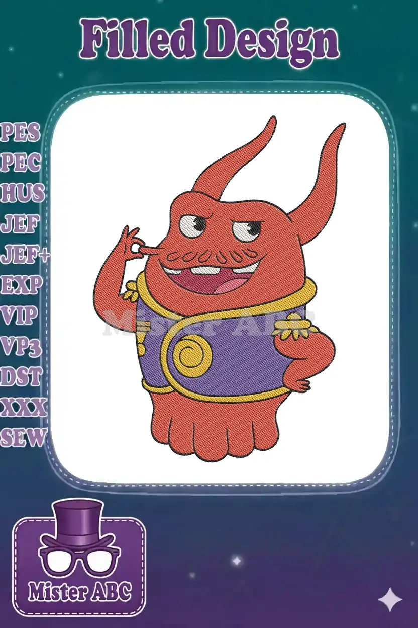 Close-up of a vibrant red monster embroidery design with horns, a purple and gold vest, making an 'OK' gesture.