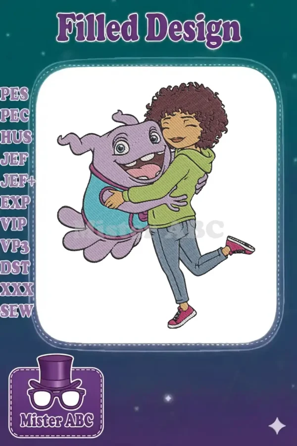 A vibrant embroidery design of Tip Tucci warmly hugging Oh from the movie Home, capturing their joyful embrace.