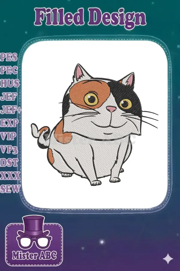 Close-up of a charming calico cat embroidery design, featuring orange, black, and white fur with yellow eyes.