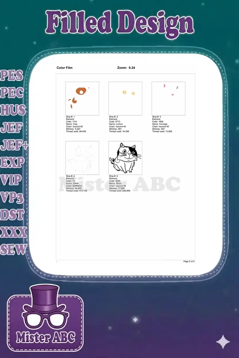 Color film breakdown for the calico cat embroidery, illustrating the precise stitching order for each color.