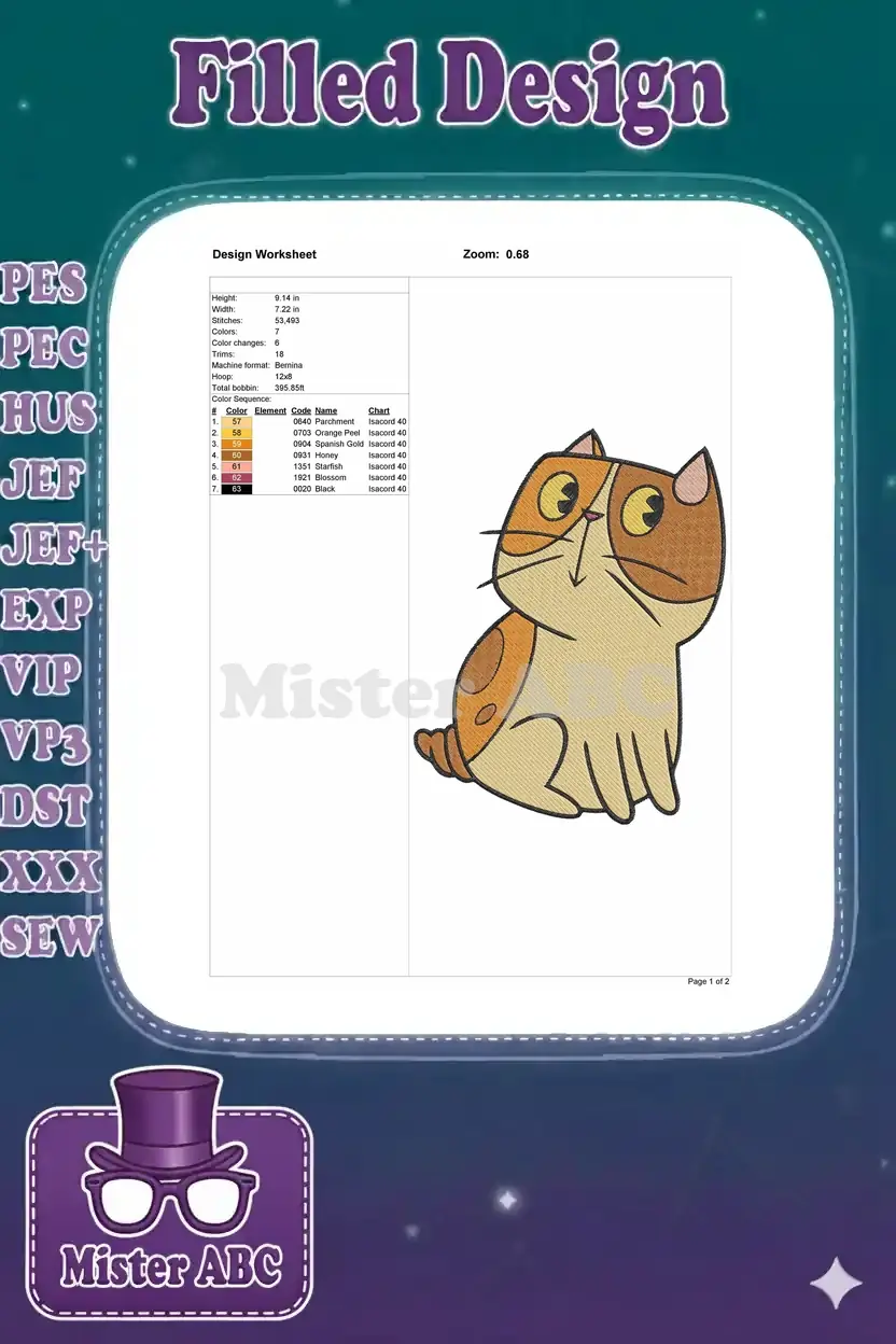 Embroidery design worksheet showing the cartoon cat, detailing dimensions, stitch count, colors, and machine format.