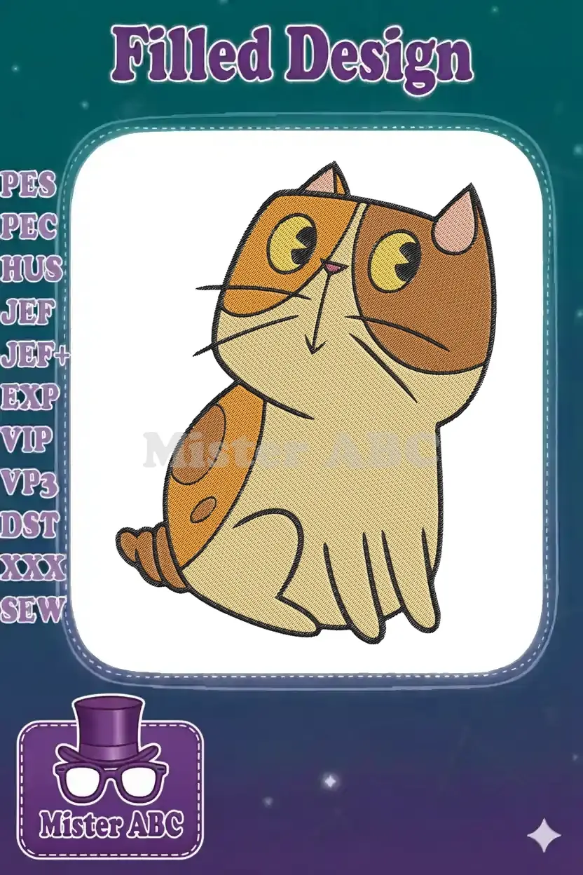 Adorable cartoon cat embroidery design, featuring a plump, multi-colored feline with big eyes and a playful pose.