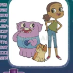 Cheerful girl, friendly purple alien, and cute cat embroidery designs - Instant Download